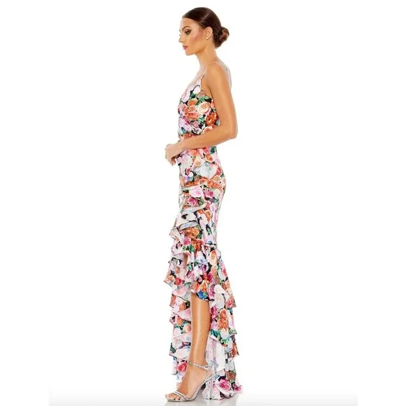 Mac Duggal Floral Print Asymmetrical Ruffle Hem Gown In Multi 68075 Size 12 New Mac Duggal Floral Print Asymmetrical Ruffle Hem Gown In Multi 68075 Size 12 New